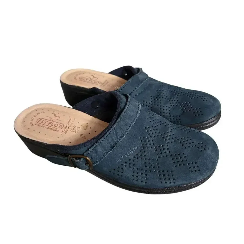 Fly Flot Italian Leather Mule Women's Size 40 Shoes Clogs Navy Atomic Leather